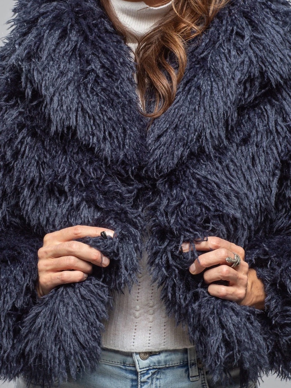 Zara Women's Navy Blue Teddy Jacket Faux Fur Size L Jacket